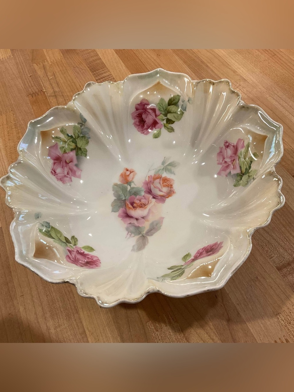 Vintage RS PRUSSIA antique Bowl dish floral shiny 10” diameter & 4 little bowls